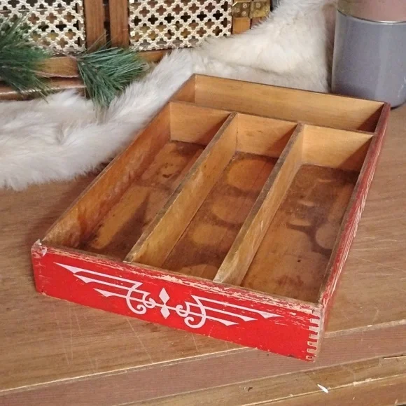 . Vintage Wooden Drawer Divider - Red & White Wood Utensil Organizer - Picture 5 of 9